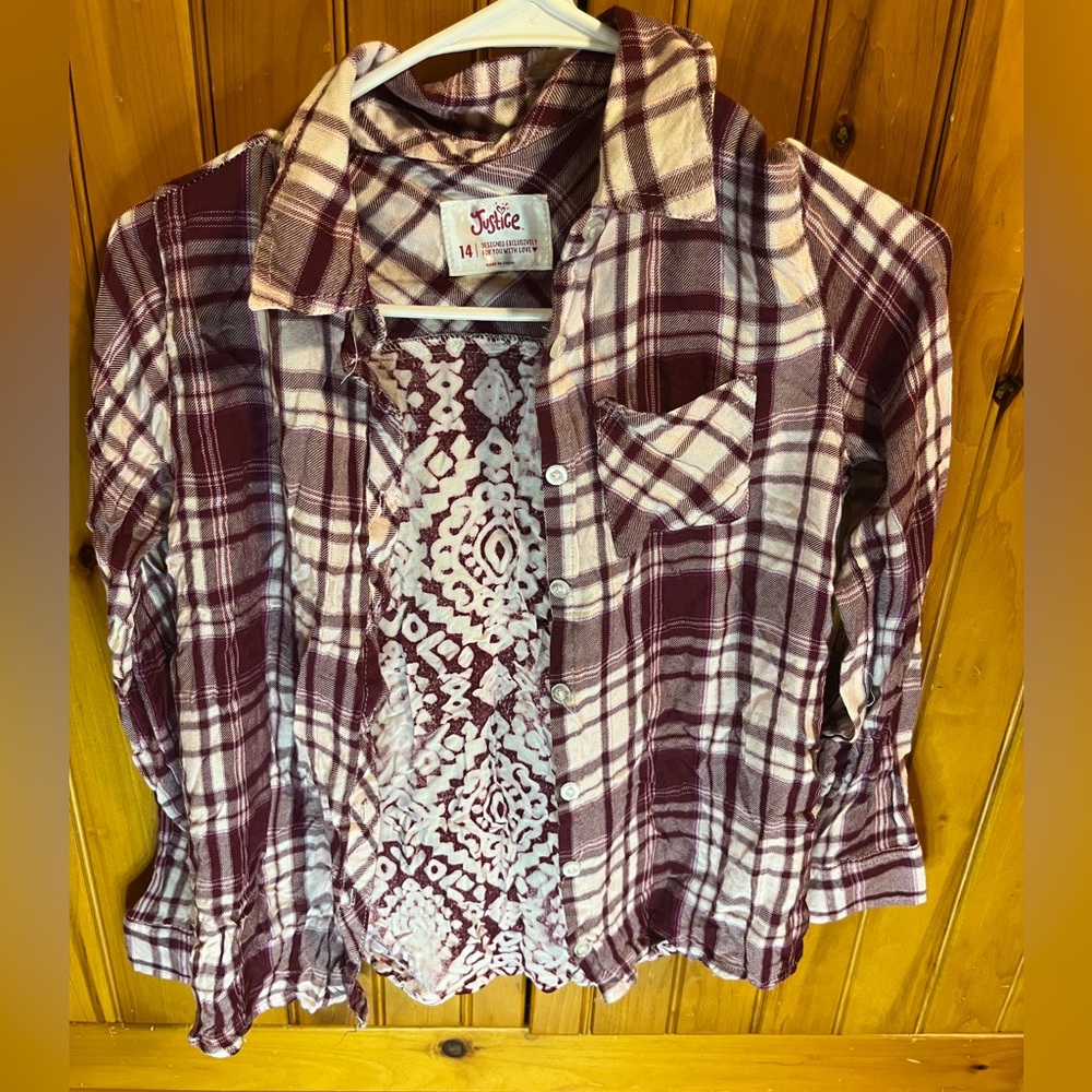 JUSTICE Purple Plaid Button Down Long Sleeve